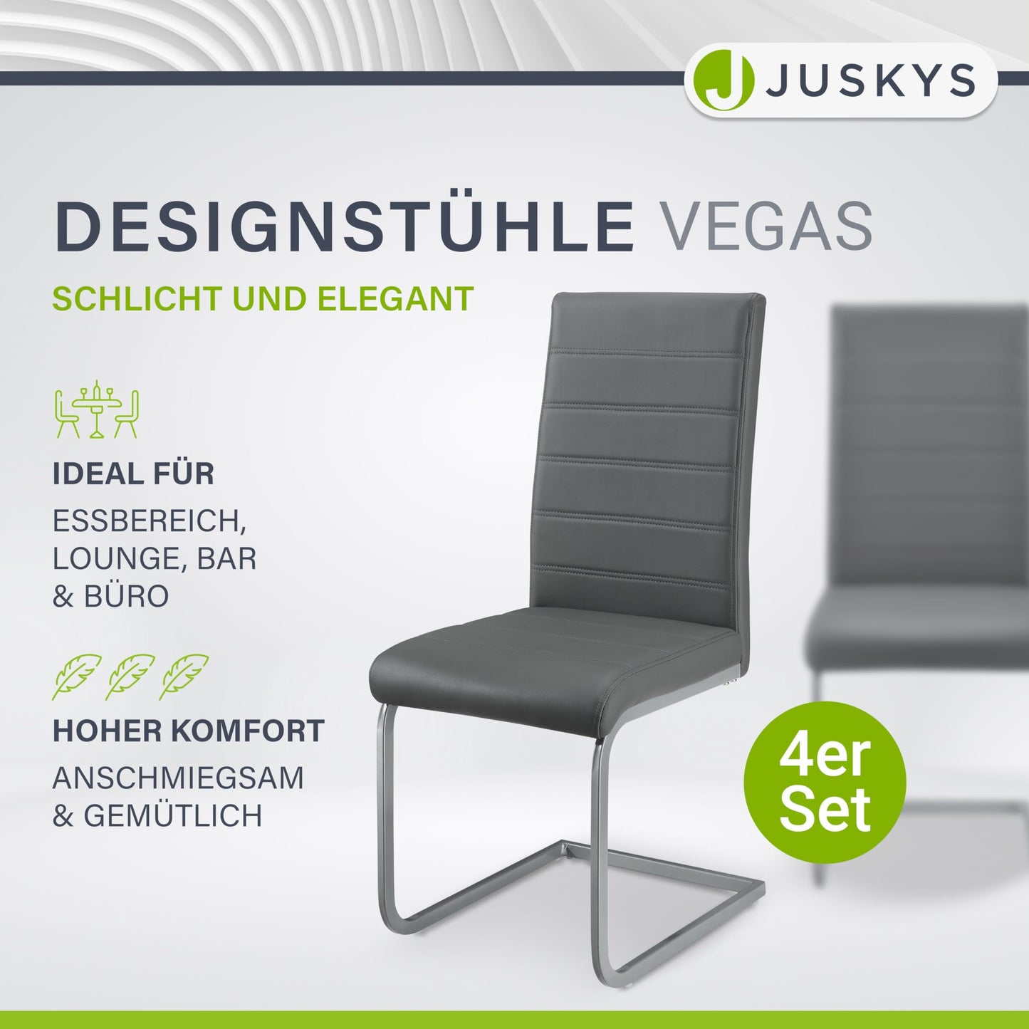 Juskys Freischwinger Schwingstuhl Vegas 4er Set - 4 Esszimmerstühle mit Rückenlehne, Küchenstühle aus Metall & Kunstleder - Stühle modern für Esszimmer, Wohnzimmer & Küche - Grau