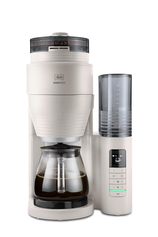 Melitta AromaFresh Pro X - Kaffeemaschine mit Mahlwerk, Filterkaffeemaschine mit Glaskanne und entnehmbarem Wassertank, für bis zu 10 Tassen Kaffee, warm-grey