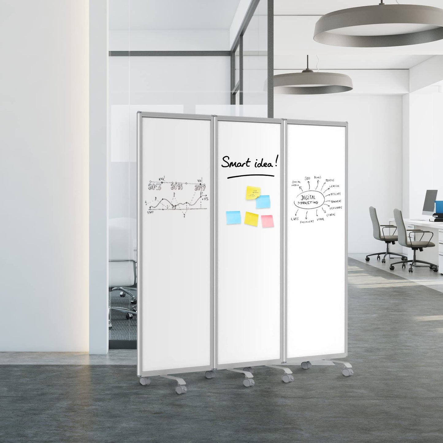 MoB Mobile Trennwand Raumteiler für Büro, Arbeitsplatz Innen faltbare & flexible Präsentationsboard mit beschreibbarer Oberfläche - Whiteboard - Magnetboard (Whiteboard einseitig, 180 x 180 cm)