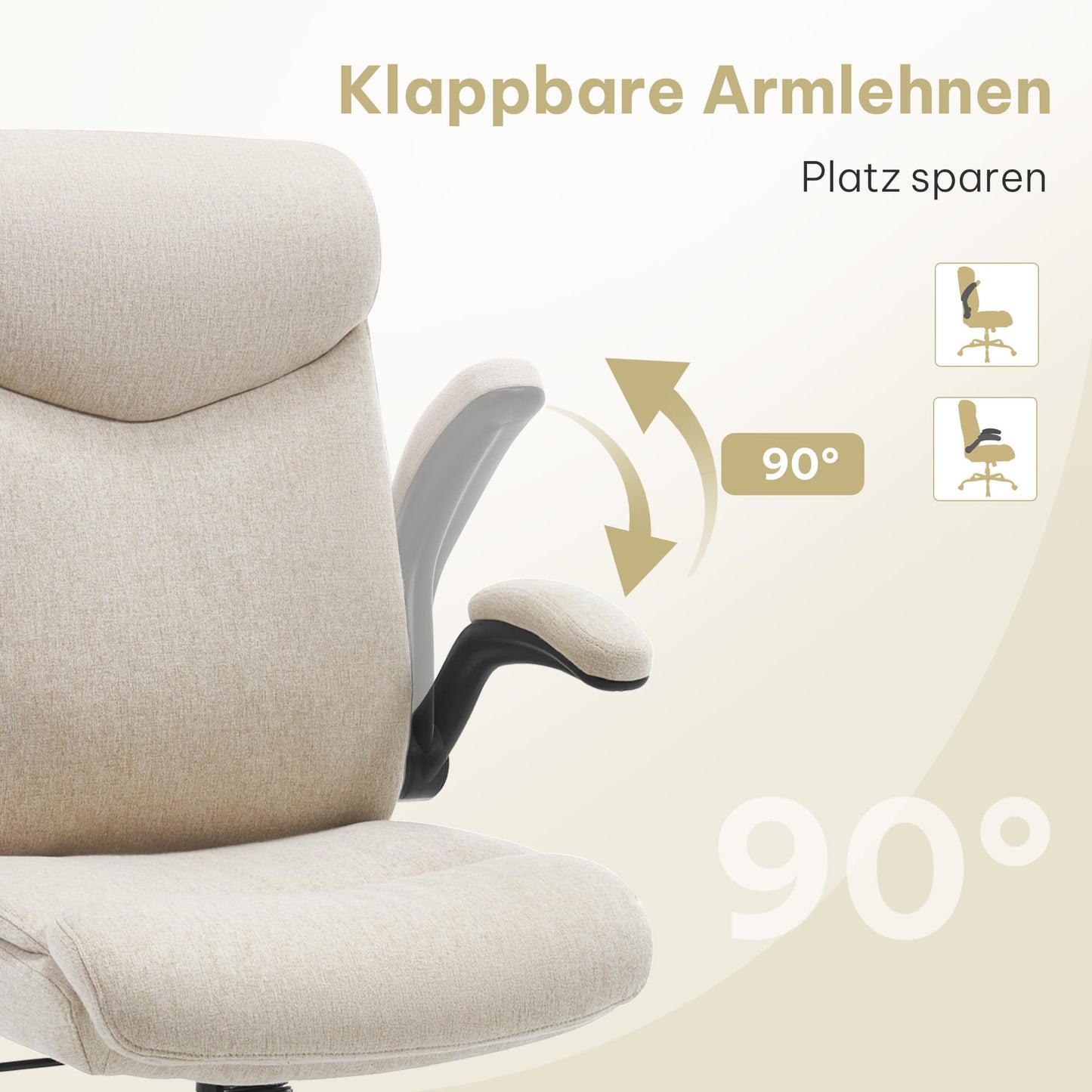 eSituro Bürostuhl ergonomisch, Schreibtischstuhl, Chefsessel 150 kg, Drehstuhl mit Rollen, hochklappbare Armlehnen, Sitzfläche aus Stoff, Beige