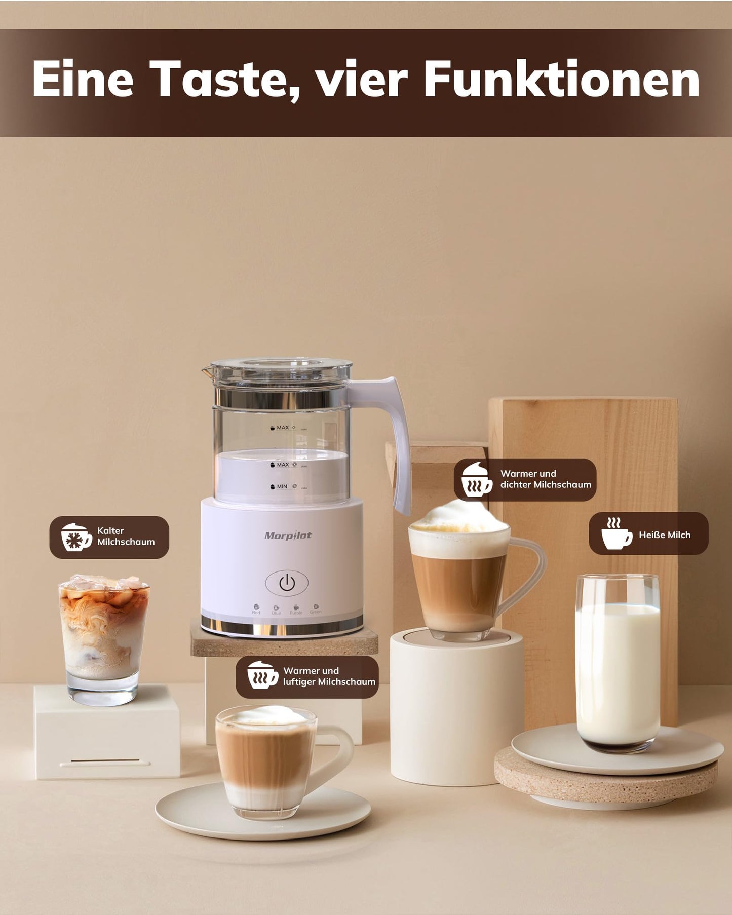 Morpilot Milchaufschäumer Elektrisch, 130-500ml 600W, 4 in 1 Milchschäumer für Heißer und Kalter, Spülmaschinenfest, Visuelles Glas, Latte-Design, Weiß