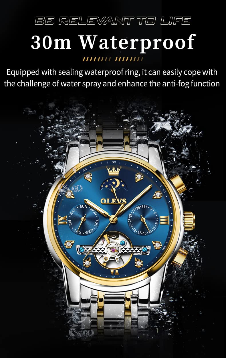 OLEVS Herrenuhren Automatik Mechanische Blau Armbanduhr mit Skelettiertem Tourbillon Kalender Wasserdicht Leuchtende Klassische Luxus Armbanduhren für Herren