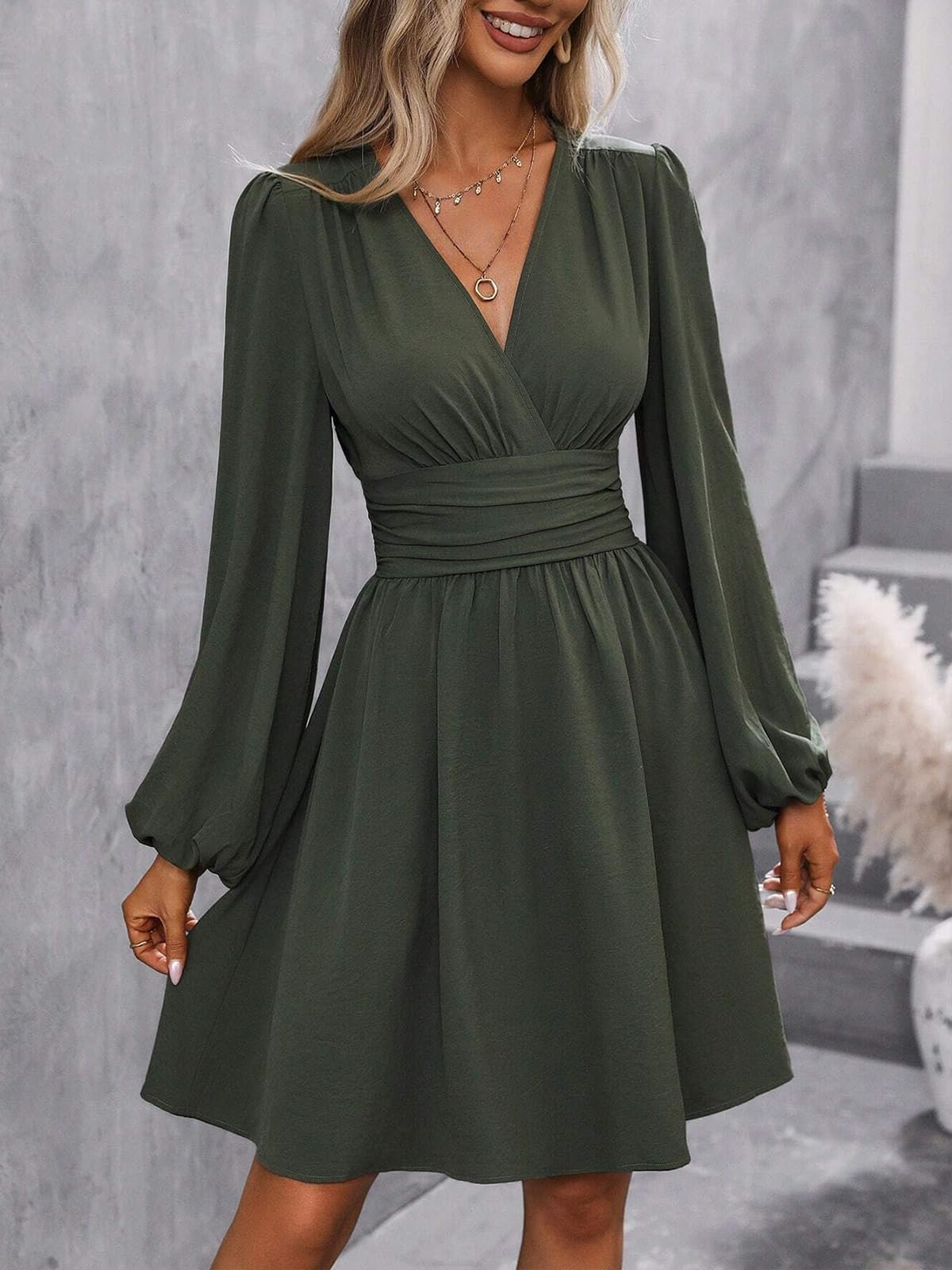 LIAMERHE Damen Elegant Kleid Langarm V-Ausschnitt Casual Kleider A-Linie Winterkleider Blumenmuster Minikleid Freizeitkleider Herbst Winter Laternenärmeln Kleid Partykleid Grün XL