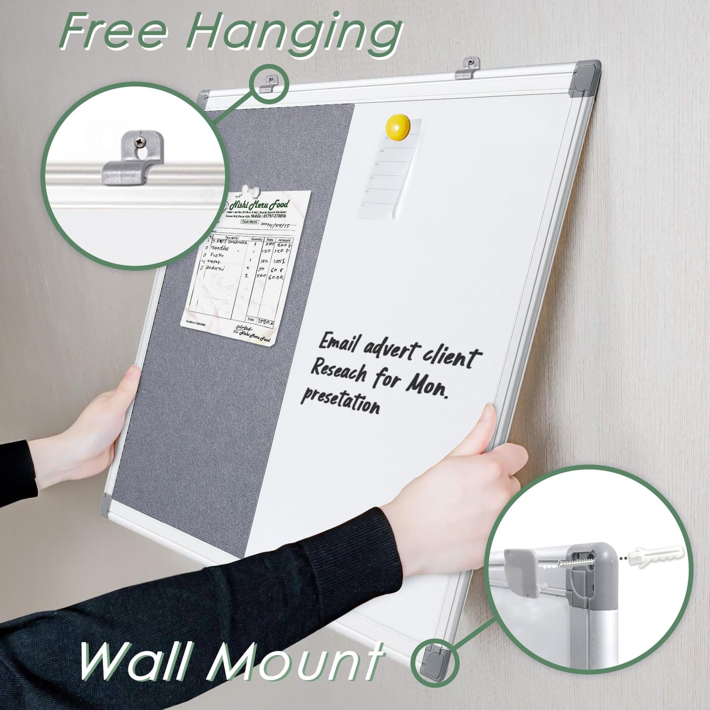 Swansea Whiteboard Magnettafel und Pinnwand Filz mit Aluminiumrahmen für Wohnung, Büro, Küche und Schule, 60X45cm