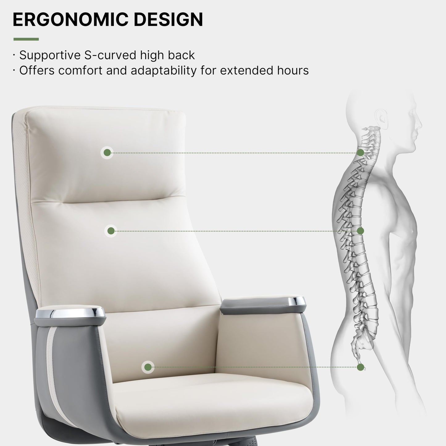 EUREKA ERGONOMIC Hochlehner Bürostuhl, Executive Drehstuhl mit extra breitem Sitz, Ergonomischer Schreibtischstuhl Leder für das Home Office, maximal 136 KG, Beige & Grau
