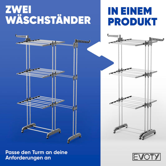 Evoty Wäscheständer Turm Klappbar, Ausziehbar & Platzsparend | Wäscheturm, Turmwäscheständer Hoch, Clothes Drying Rack 4 Etagen & 5 Wäschebügel inklusive