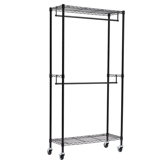 Amazon Basics Doppel-Kleiderstange Offen mit Rädern und Höhenverstellbaren Regalen - Maximalgewicht 181 kg, Schwarz, 91.0 x 35.5 x 183.0 cm (L x W x H)