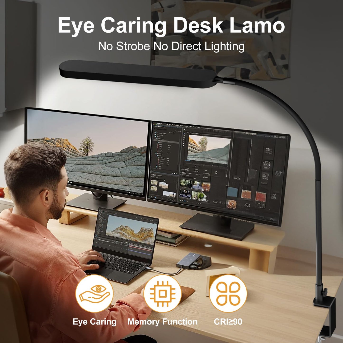 SKYLEO Schreibtischlampe LED – 85cm Schreibtisch Lampe – Flexibler Schwanenhals – 5 Farbmodi x 11 Helligkeitsstufen – 1300LM – Timmer und Speicherfunktion – 12W Desk Lamp – Schwarz
