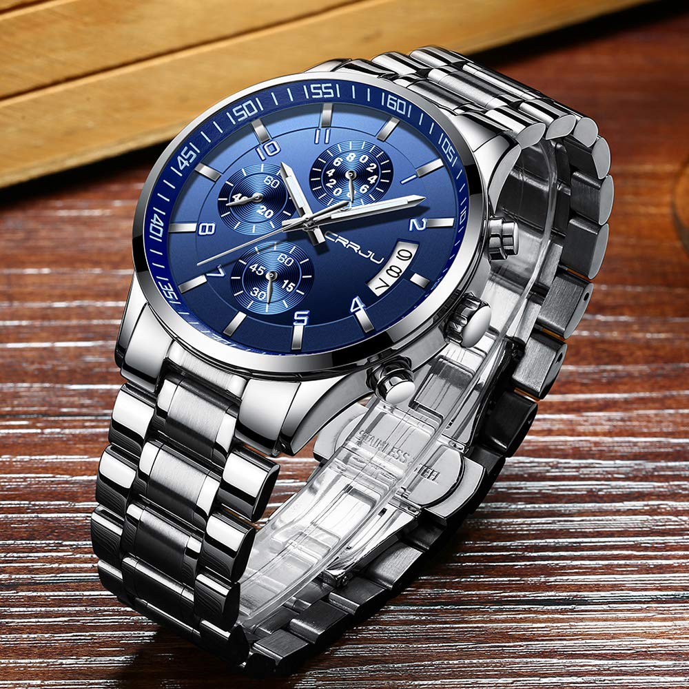 CRRJU Herren Uhr wasserdichte Chronographen Armbanduhr Männer Edelstahlarmband Business Analog Quarzuhr mit Kalender (A Blau)