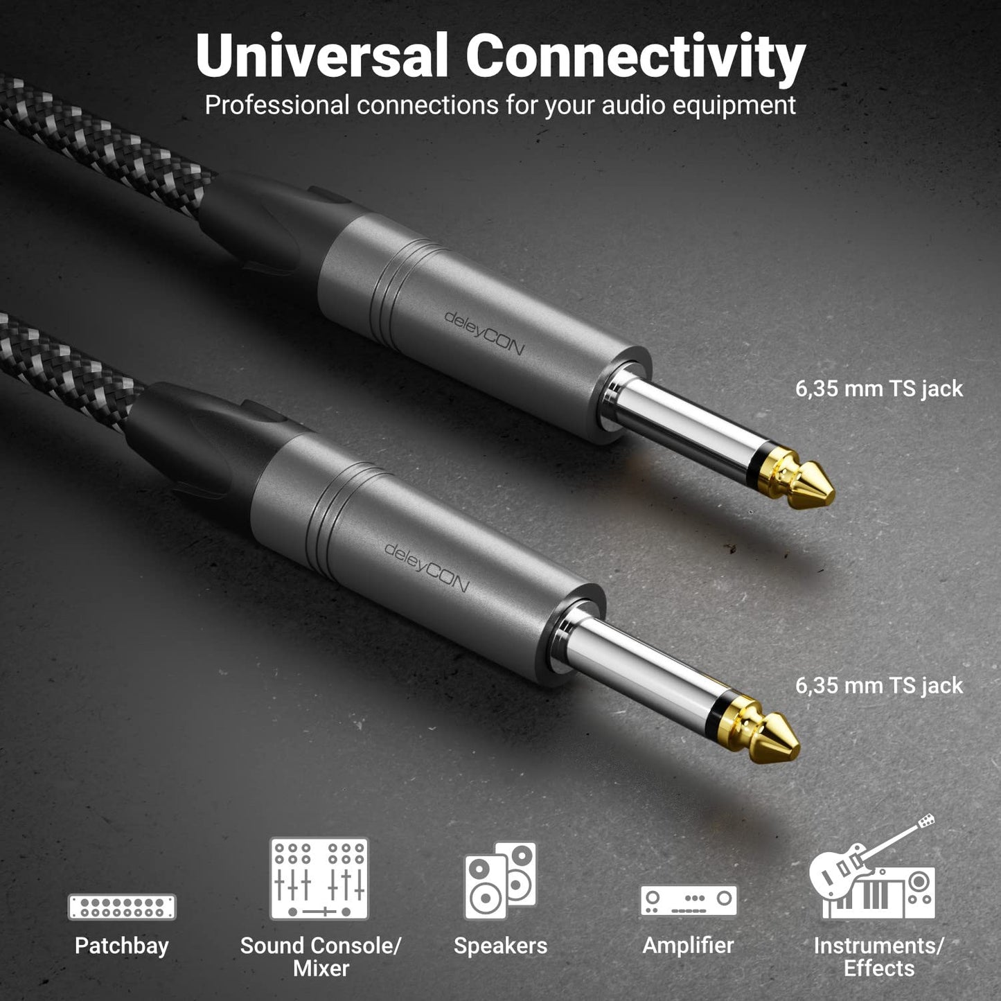 deleyCON 15m Instrumentenkabel 6,35mm auf 6,35mm Klinke Mono AUX - Studio Qualität - aus reinem OFC Kupfer (AWG24) - Klinkenkabel für E-Gitarre Bass Verstärker Mixer Keyboard