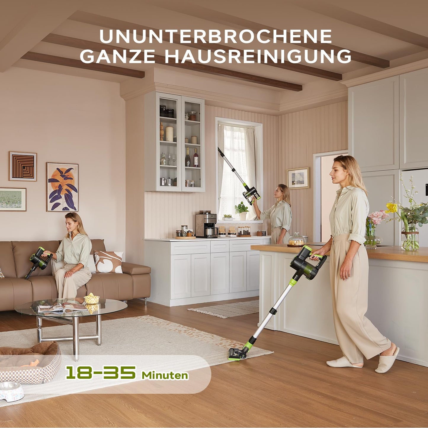 FAMIVAC Akku Staubsauger, 40KPa/550W Kabellos Akkustaubsauger, 6-in-1 Selbststehend, Starke Saugleistung, 6-Stufiges Filtersystem, Ultraleise, V-förmige Bodenbürste für Hartböden/Teppich/Tierhaare