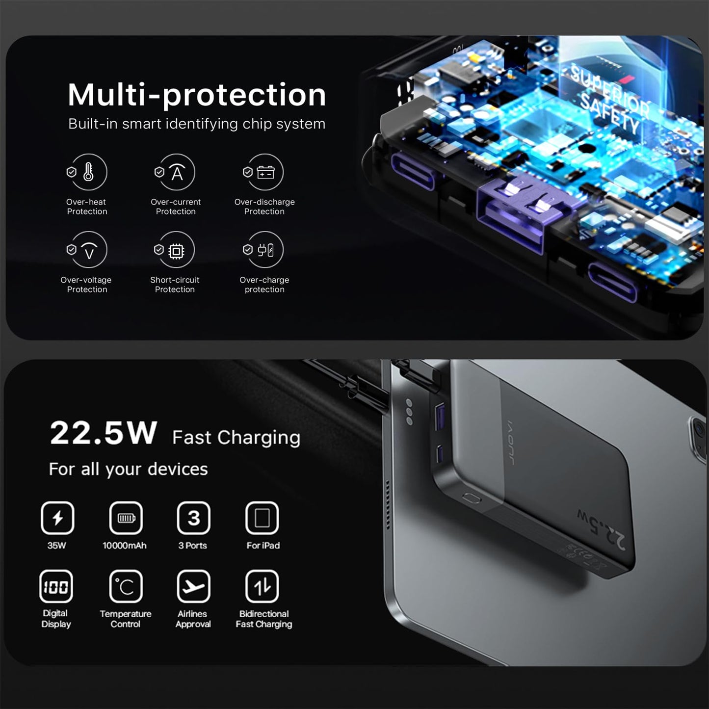 JUOVI Powerbank, 10.000 mAh, 22,5 W, schnelles Aufladen, kleines tragbares Ladegerät mit PD 3.0 & QC 3.0, USB C, schlankes, leichtes iPhone-Ladegerät, Dual-Ausgang, kompatibel mit iPhone 15, iPhone 14