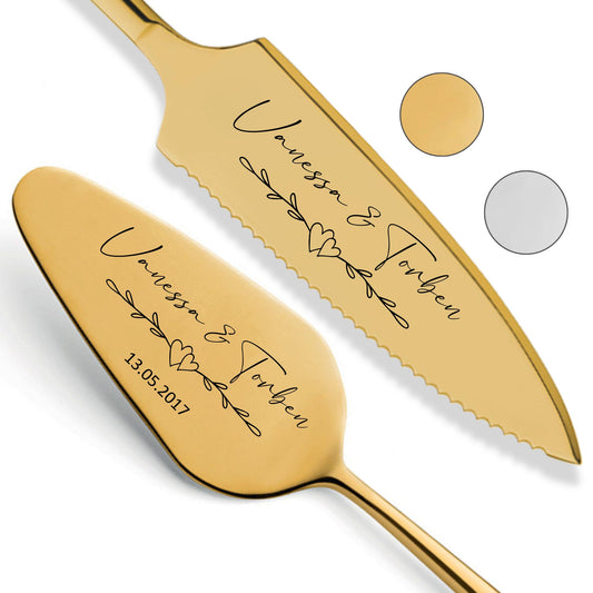 SMARTEON Tortenheber inkl. Tortenmesser im Set mit persönlicher Gravur als Geschenk zur Hochzeit, Jahrestag, Geburtstag - Hochzeitsgeschenke für Brautpaare - Goldfarbenes Set in Geschenkbox
