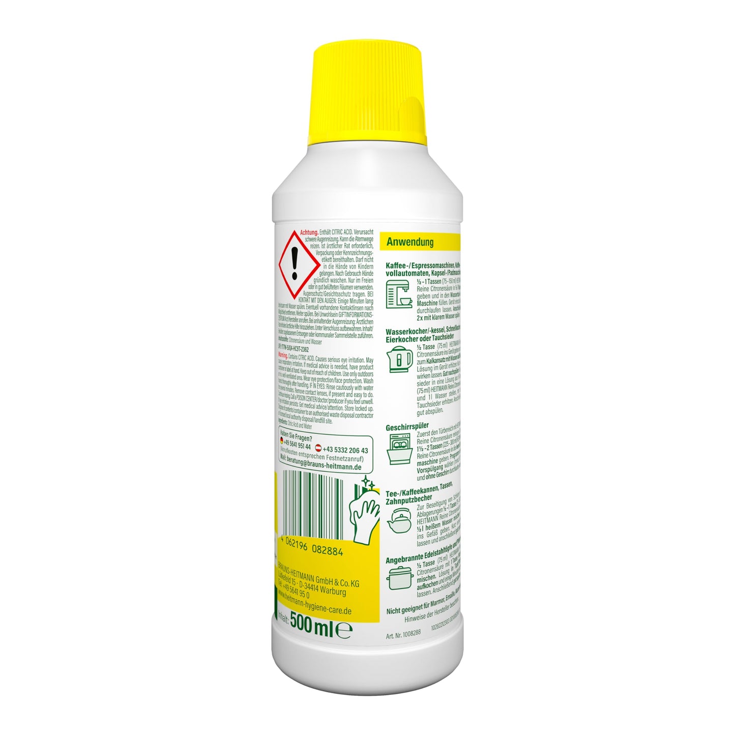 HEITMANN pure Reine Citronensäure | Flüssiger Bio-Entkalker für Küche & Bad | Effektiv gegen Kalkablagerungen | 100% natürliche Inhaltsstoffe | Lebensmittelsauber | 500 ml