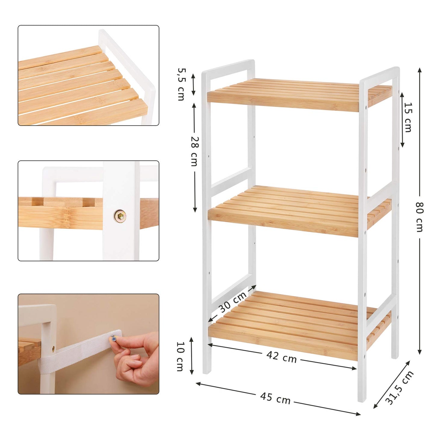 SONGMICS Bambusregal, Küchenregal, Badregal, Bücherregal, Standregal mit 3 Ablagen, 31,5 x 45 x 80 cm, für Bad, Küche, Wohnzimmer, Schlafzimmer, Balkon, naturfarben-weiß BCB73Y