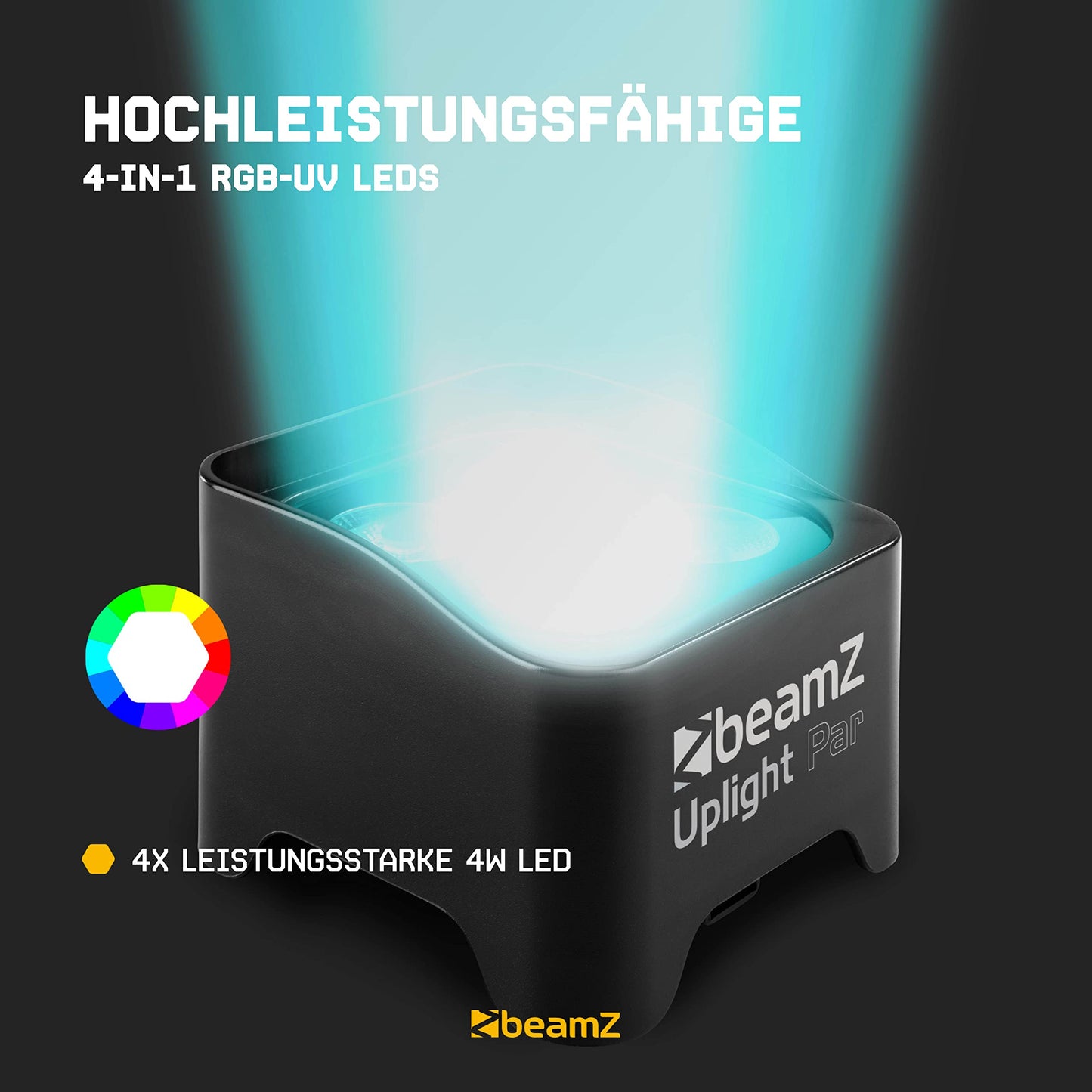 Beamz BBP90 Uplight LED Par Strahler 4x 4 Watt, Bühnenbeleuchtung 4er Set für DJ Pult, Bühnenlicht, DMX-LAN, Partylicht Musikgesteuert, Bühnenequipment, mit Fernbedienung