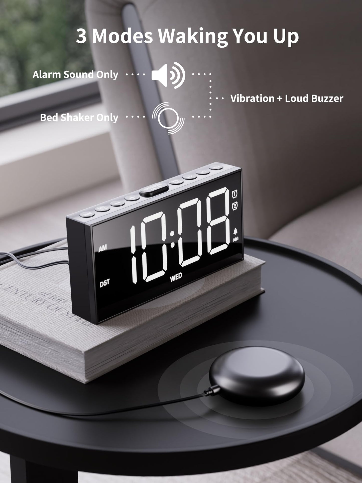 ROCAM Vibrationswecker für Tiefschläfer&Gehörlose,7'' Großes Display,Fette Schrift,Wecker mit Vibrator,Einstellbare Helligkeit,Doppelalarm,Snooze,USB-Ladegerät,zur Nutzung im Schlafzimmer(weiß)