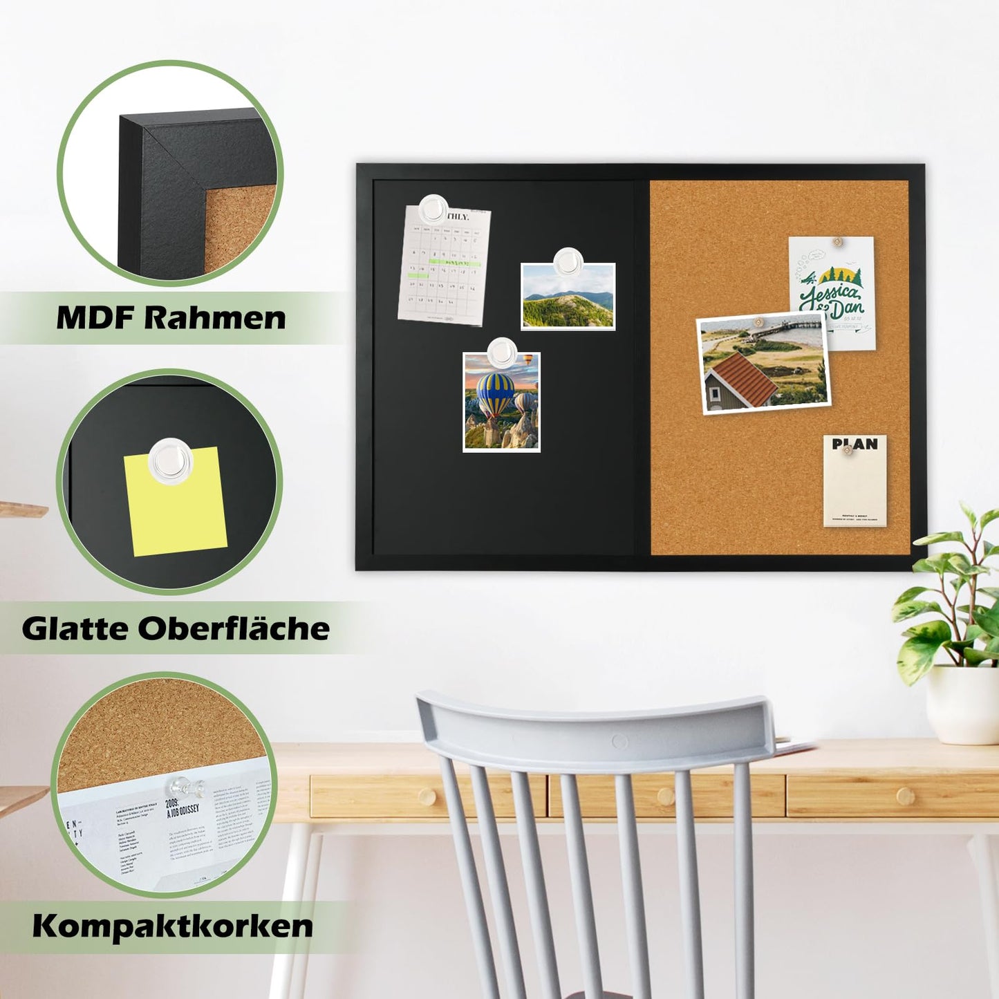 QUEENLINK Kombitafel mit Magnetische Kreidetafel und Pinnwand Kork 40 x 60 cm Pinnwand Küche Magnettafel Memoboard