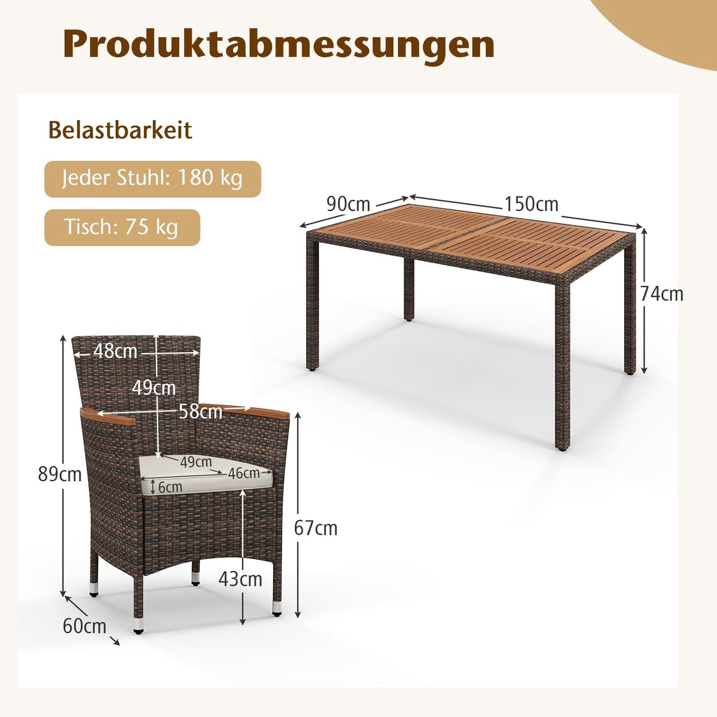 COSTWAY 7 TLG. Rattan Gartenmöbel Set, Sitzgruppe für 6 Personen, Gartentisch mit Tischplatte aus Akazienholz, 6 stapelbare Stühle & Kissen, Terrassenmöbel Set, Gartengarnitur, Sitzgarnitur, Essgruppe