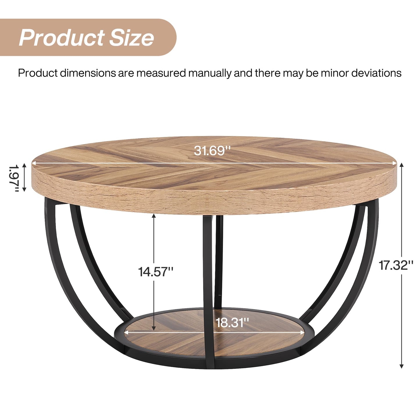 Tribesigns Runde Couchtisch, Industrial 2-Tier-Kreis Couchtisch mit Lagerung Regale, Moderne hölzerne Akzent Mitte Tisch Sofa Beistelltisch für Wohnzimmer, Home Office