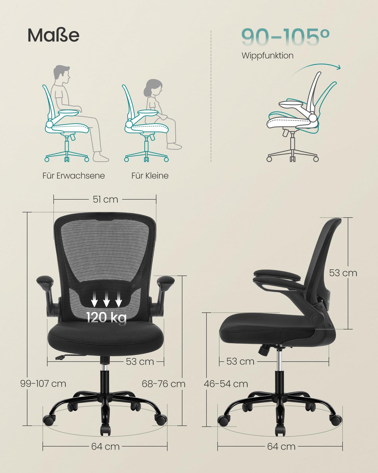 SONGMICS Bürostuhl, Schreibtischstuhl, Drehstuhl mit Netzbespannung, ergonomisch, gepolsterte Lendenstütze, Wippfunktion, 53 cm große Sitzfläche, klappbare Armlehnen, schwarz OBN37BK