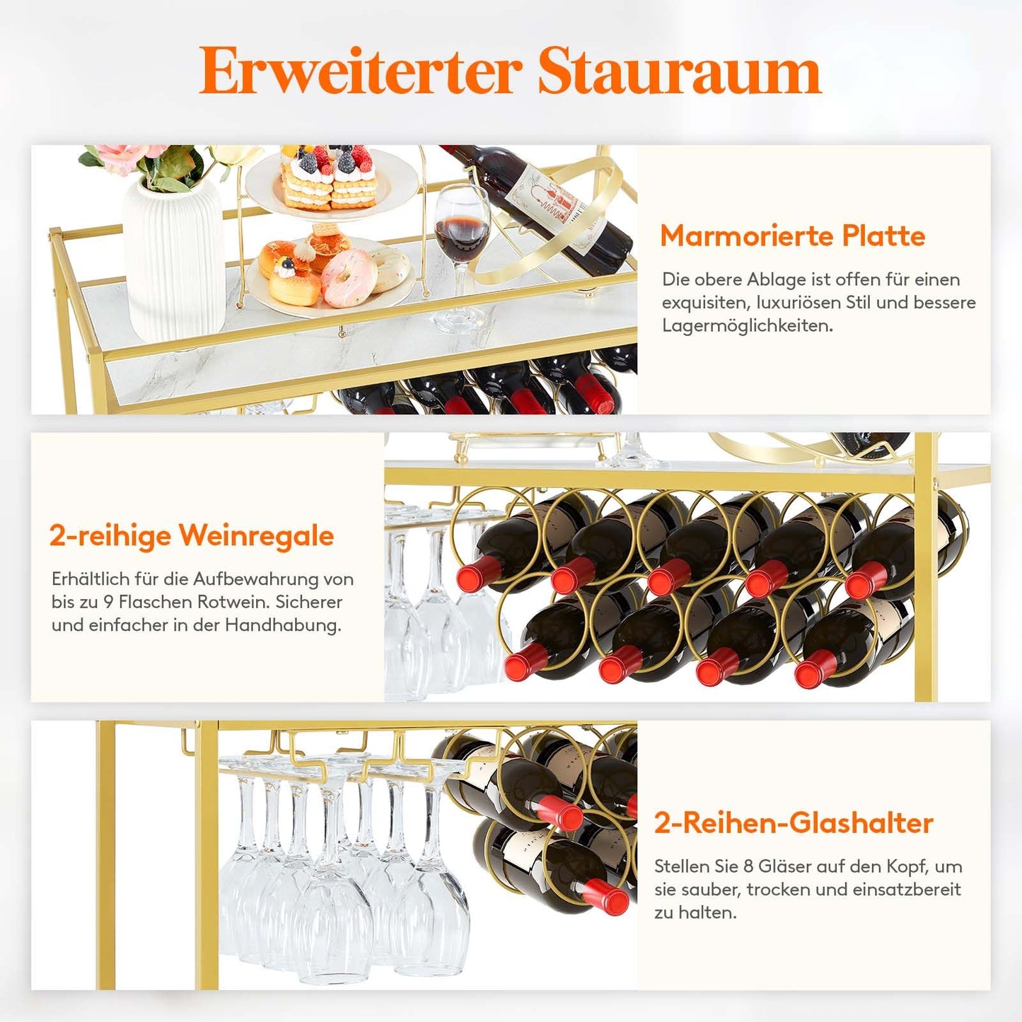 Lifewit Servierwagen mit Rollen, Küchenregal, 2-stöckiger Barwagen mit 9 Weinflaschenregalen, Küchenwagen für Esszimmer, Wohnzimmer, Innenbereich, 80 x 33,2 x 87,8 cm, Gold