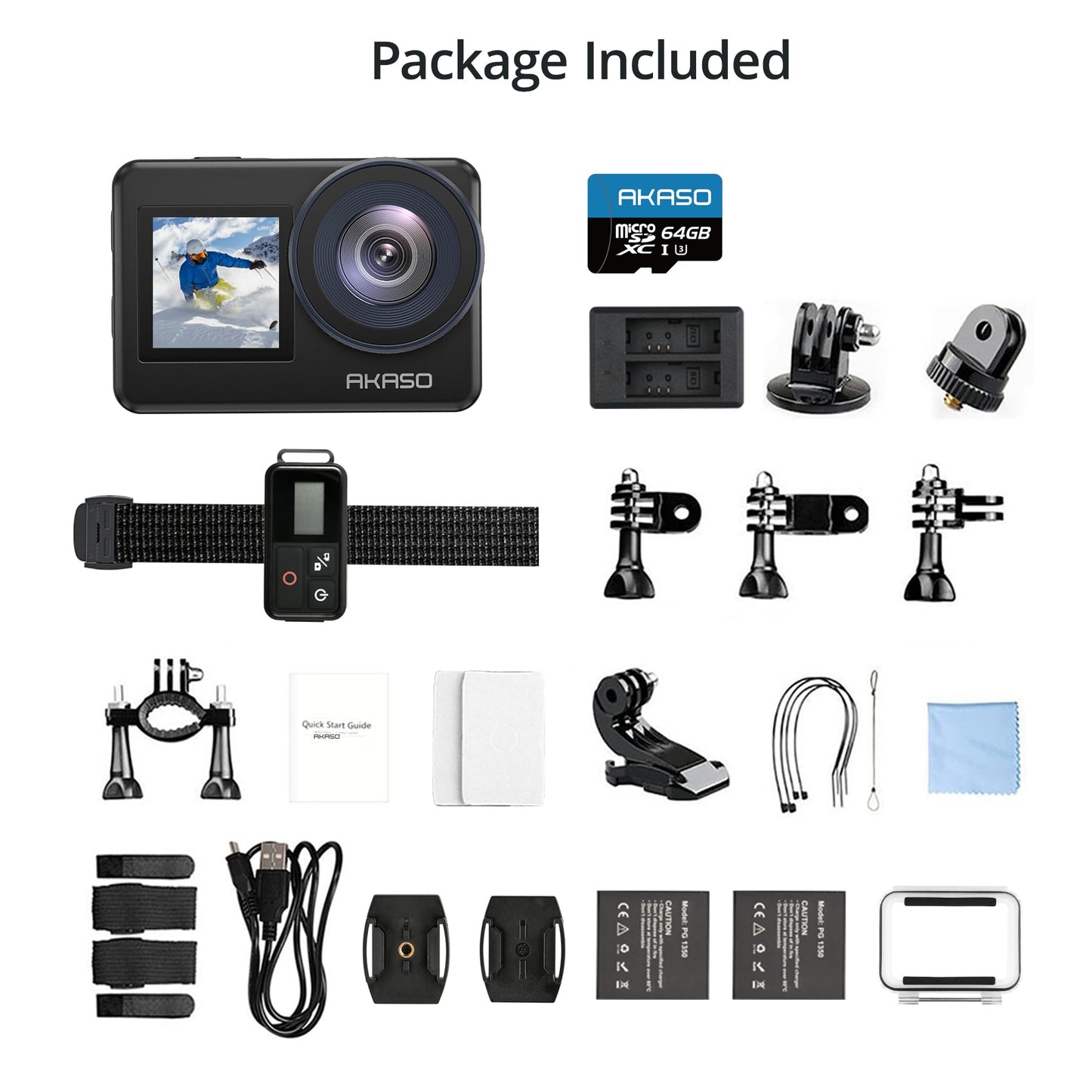 AKASO Brave 7 Action Cam 4K30FPS mit 64GB U3 microSDXC Speicherkarte 20MP WiFi Unterwasserkamera IPX8 Wasserdicht Action Kamera EIS 2.0 mit Touchscreen, Zoom, Sprachsteuerung und 2x1350mAh Akkus