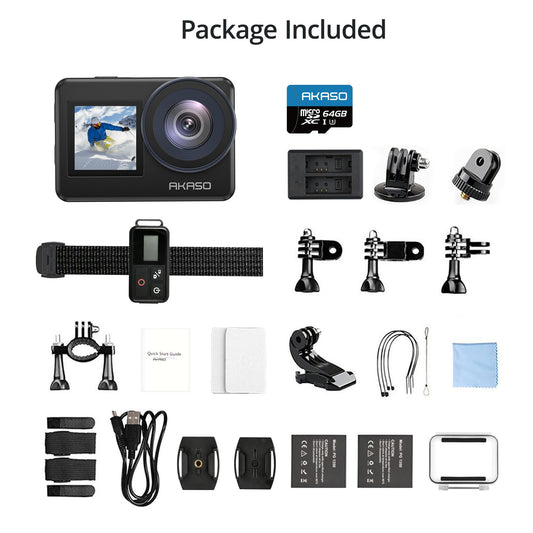 AKASO Brave 7 Action Cam 4K30FPS mit 64GB U3 microSDXC Speicherkarte 20MP WiFi Unterwasserkamera IPX8 Wasserdicht Action Kamera EIS 2.0 mit Touchscreen, Zoom, Sprachsteuerung und 2x1350mAh Akkus