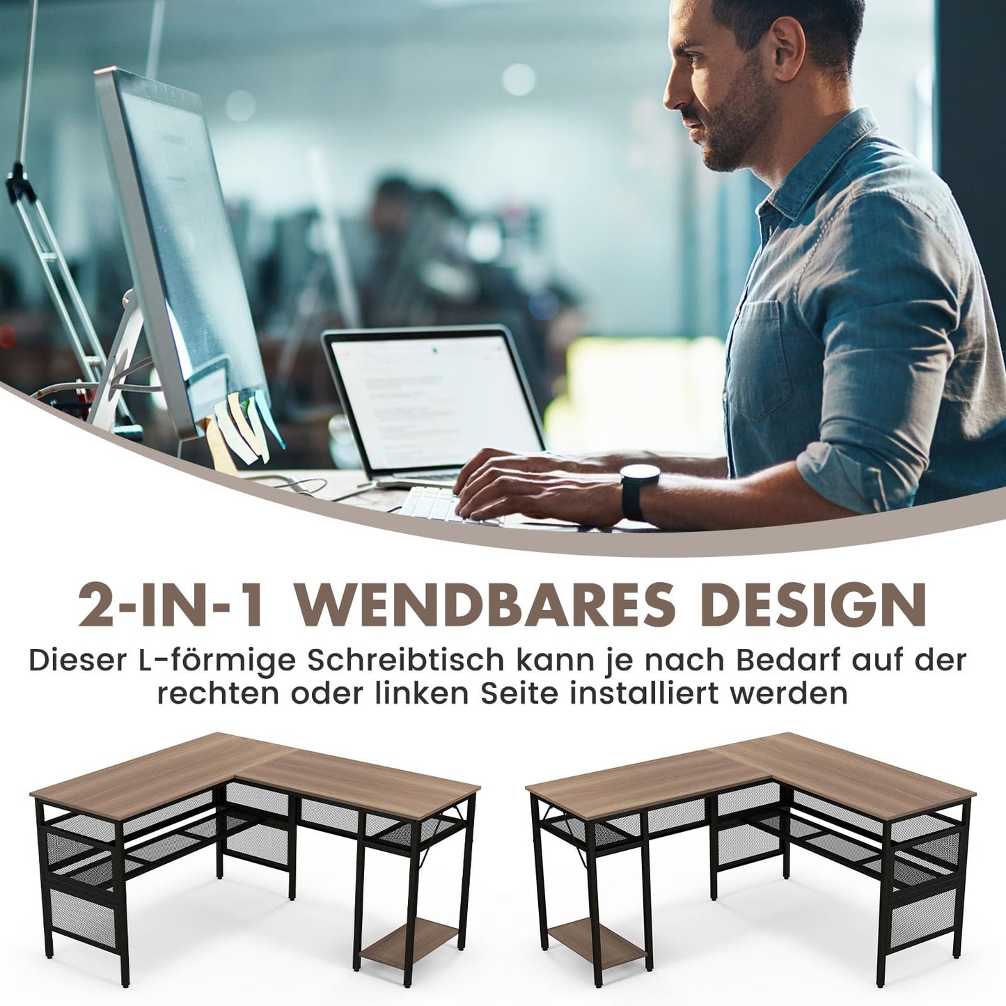 COSTWAY L-förmiger Schreibtisch, reversibler Eckschreibtisch mit Gitterregalen & CPU-Ständer, Ecktisch, Computertisch, Bürotisch für Home Office, 140 x 120 x 74 cm