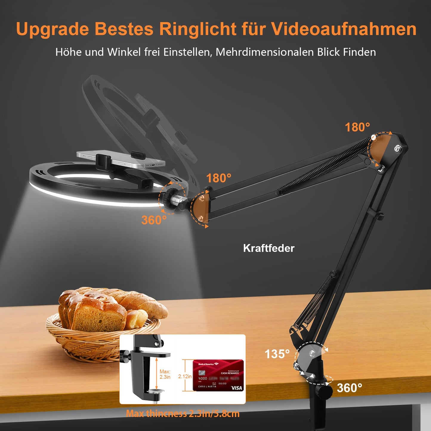 Evershop Ringlicht mit Stativ Handy Overhead,10” Ring Light mit Fernsteuerung Ringleuchte Flexibel Streaming Tisch Laptop Licht 3Lichtfarben+10 Helligkeiten 360°Drehbar Beleuchtung für Tiktok YouTube