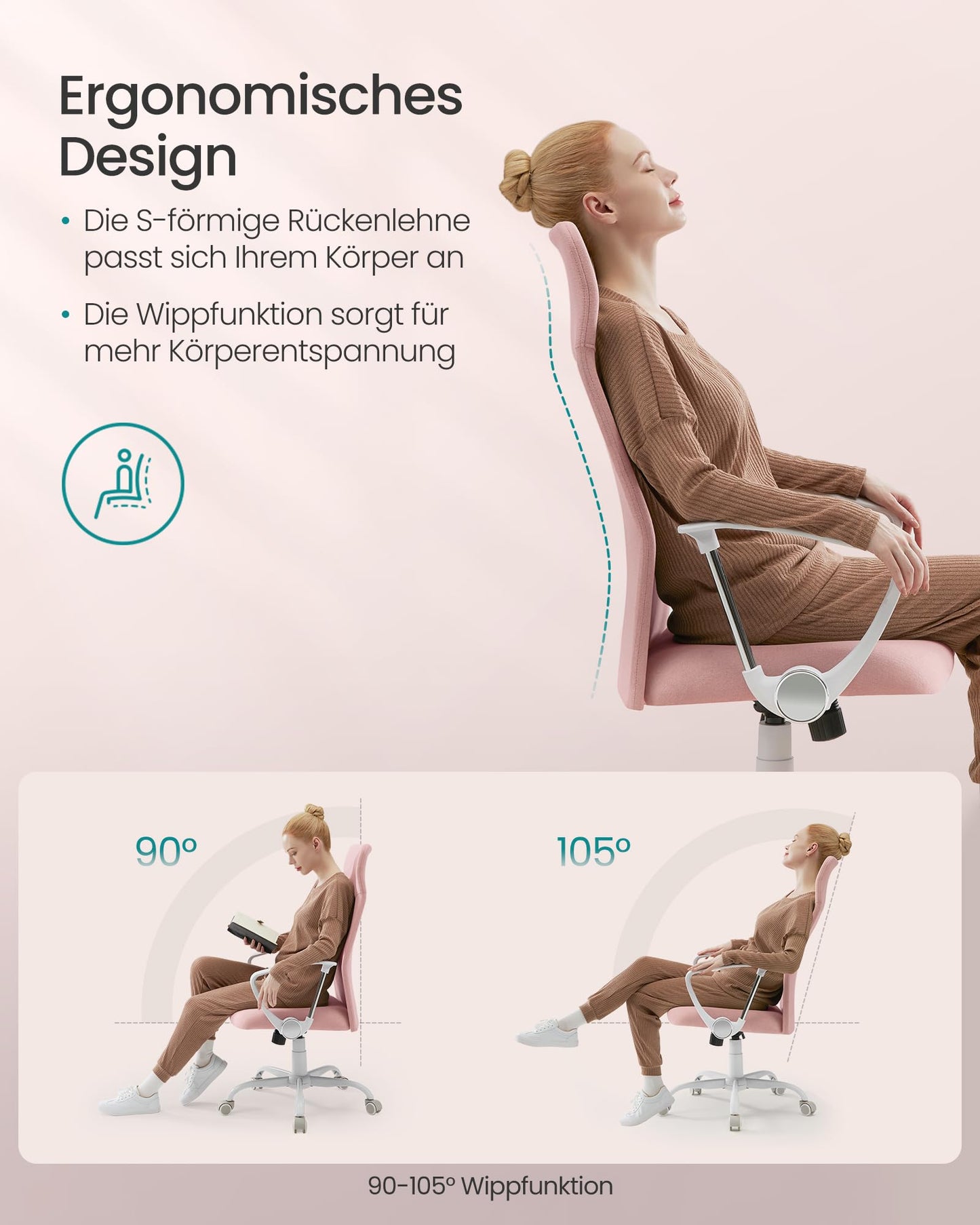 Ergonomischer Bürostuhl – Drehstuhl mit S-förmiger Rückenlehne & Wippfunktion, Pastellrosa