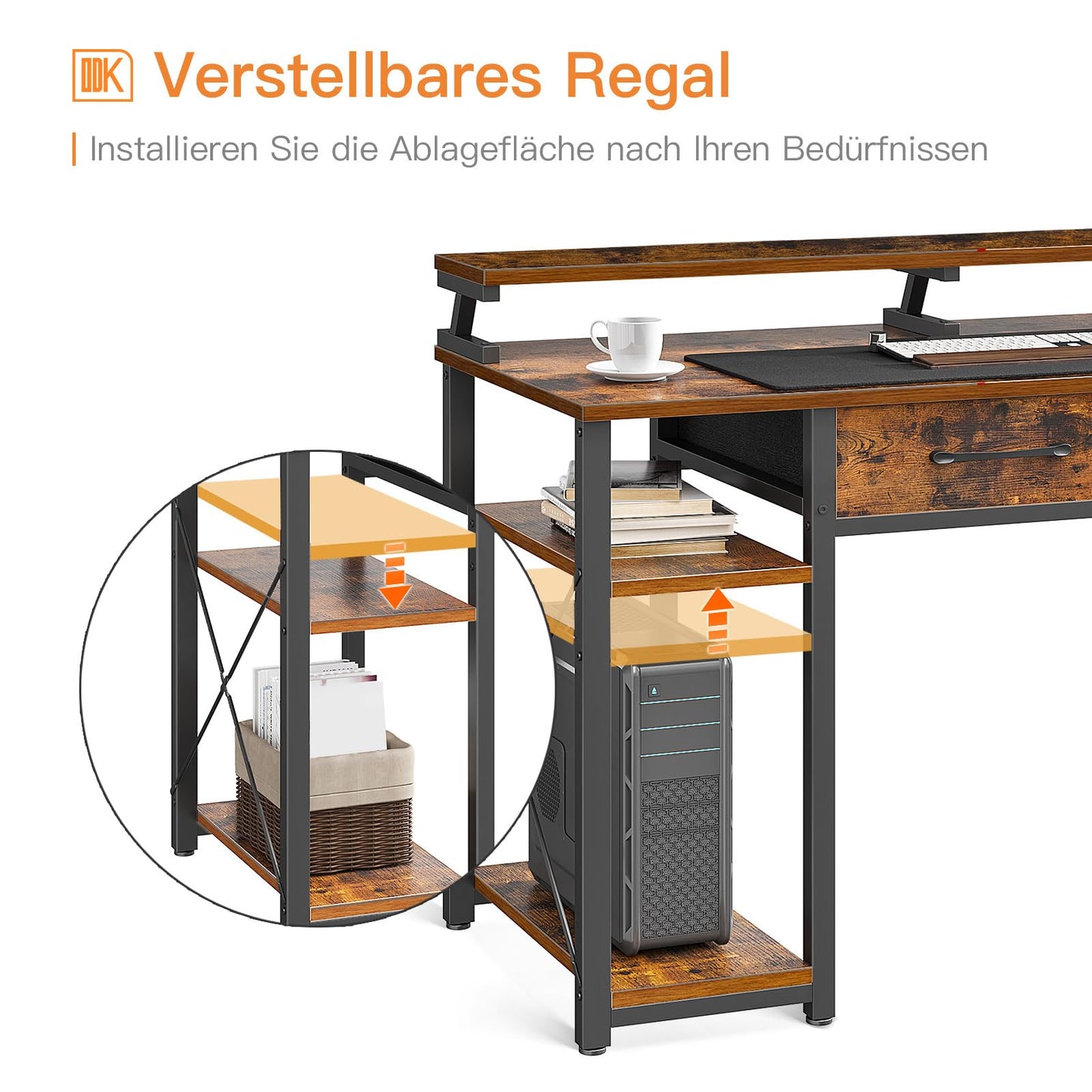 ODK Schreibtisch mit 2 Schubladen, Computertisch mit Regalen und Monitorständer, Bürotisch mit Bücherregal, Computertisch Klein PC-Tisch Officetisch für Home Office, 120x50x87cm, Rustikales Braun