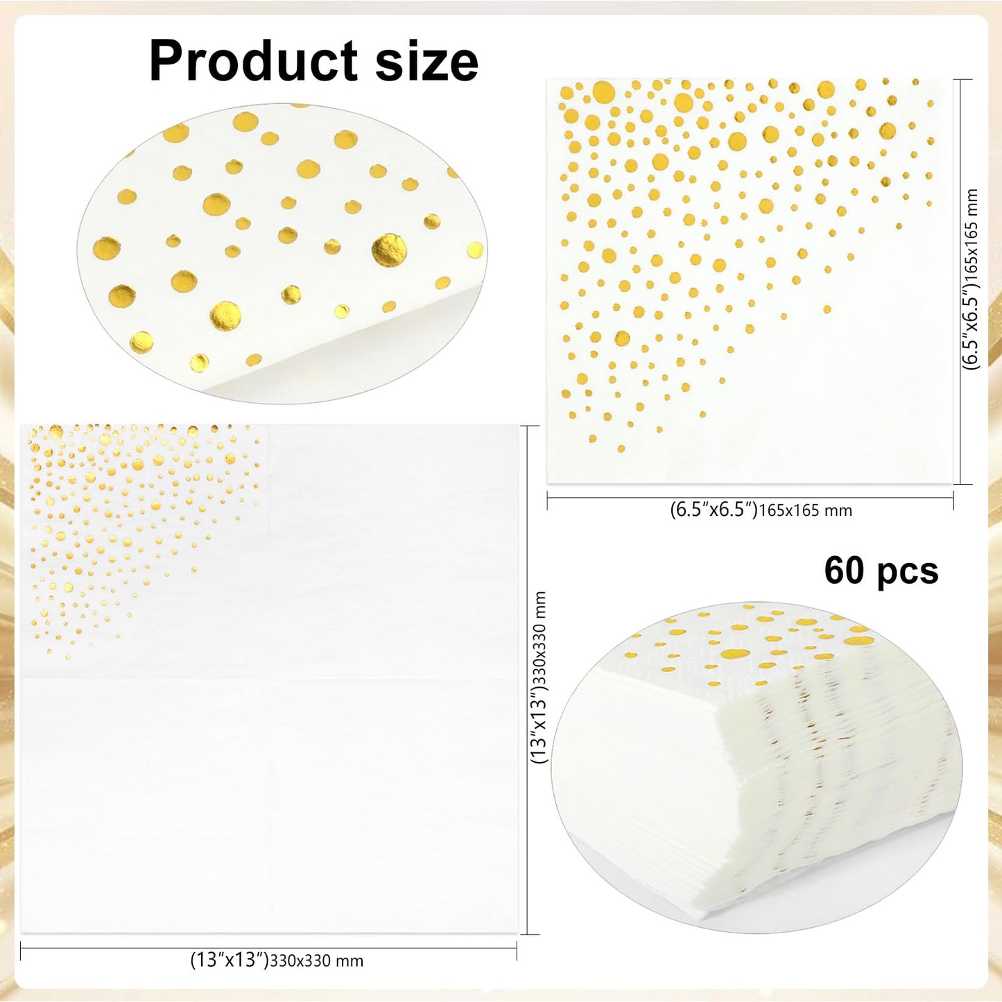 60 Stück Weiß Gold Gepunktet Party-Servietten,Servietten Gold Dots Papierservietten Golden Foiled Papierservietten Weiß mit Goldenen Cocktail-Servietten Party-Servietten Abendessen Servietten,33x33cm