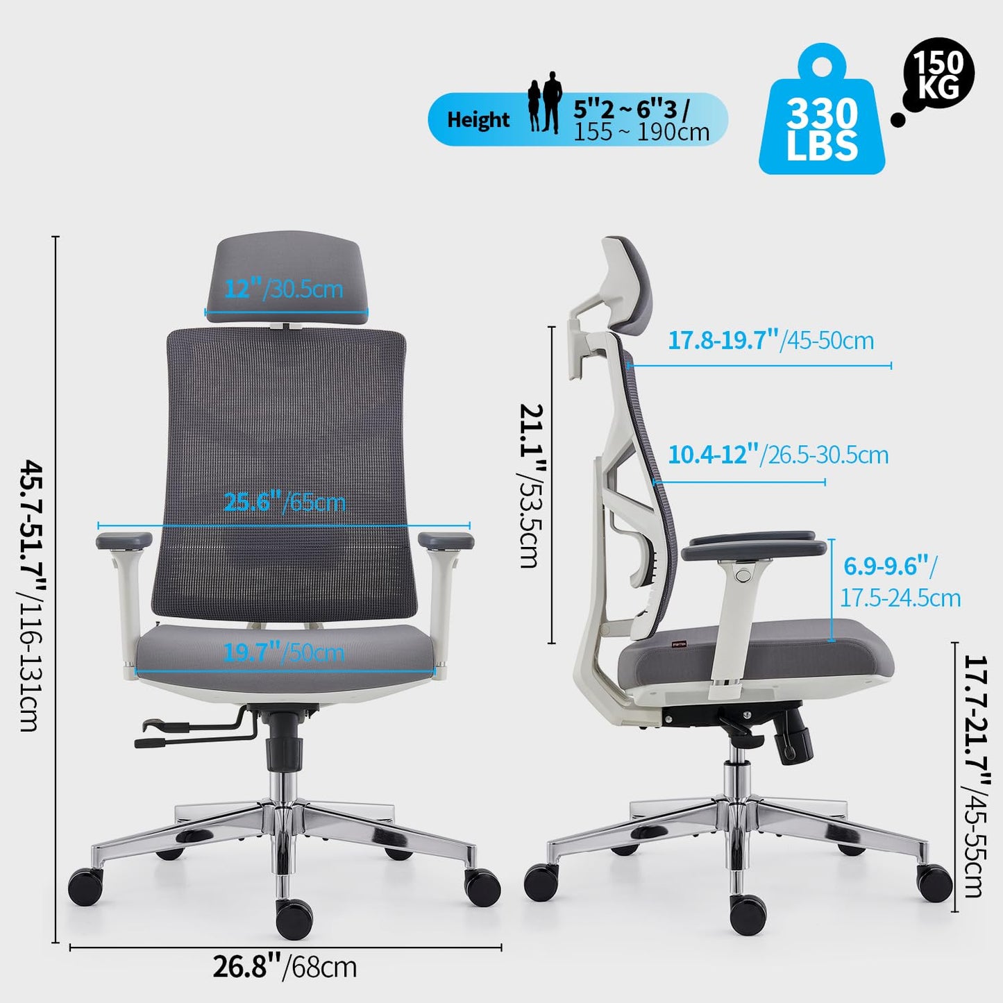 HOLLUDLE Ergonomischer Bürostuhl mit Adaptiver Rückenlehne, Schreibtischstuhl mit 4D Armlehnen, Verstellbarer Sitztiefe, Lendenwirbelstütze und 2D Kopfstütze, Atmungsaktiver Netz-Chefsessel, Weiß