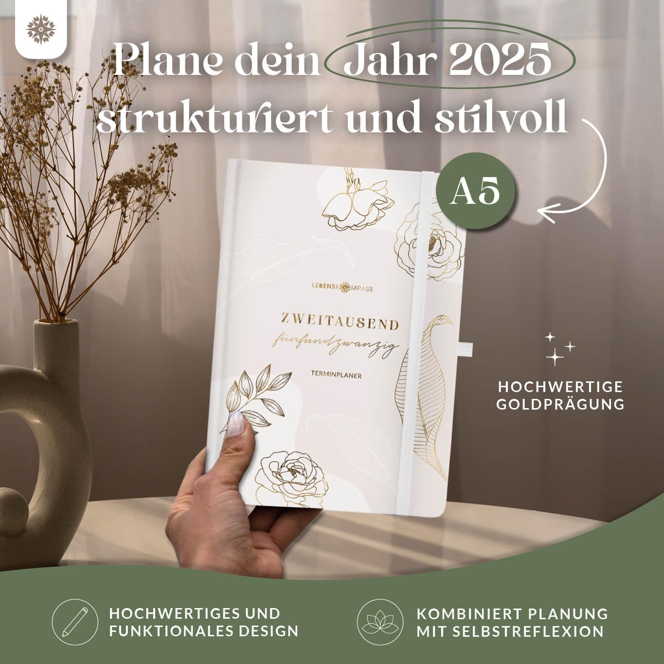 Lebenskompass Kalender 2025 Buchkalender A5 "ROSENBLATT" - Schöner Wochenkalender & Terminplaner 2025 - stabiles Hardcover - Taschenkalender 2025 - Buchkalender A5 + Viele Extras