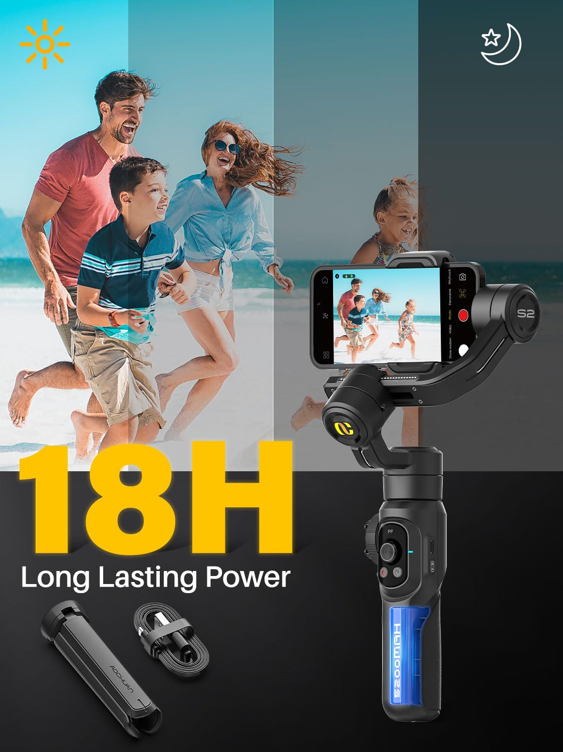 Professioneller Gimbal-Stabilisator für Smartphones, integrierte 18-cm-Verlängerung und leistungsstarkes Fülllicht, Gesichts Objektverfolgungsstabilisator, 3-Achsen-Gimbal für iPhone, AOCHUAN Smart S2