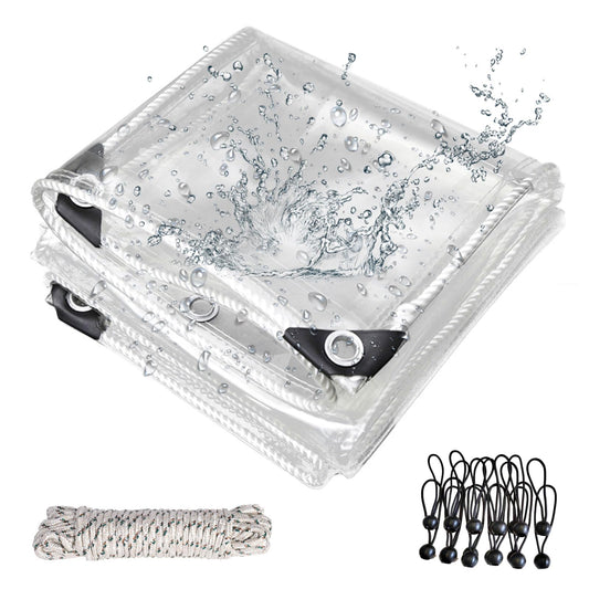 Plane Transparent Mit öSen Plane für außenbereich,OKYUK 420 g/m² PVC Transparent Plane, mit 20 Kabelbindern, 12 Gummibändern mit Kugeln, 11 m Befestigungsseil geeignet für Pavillons, Terrassen(2Mx3M)