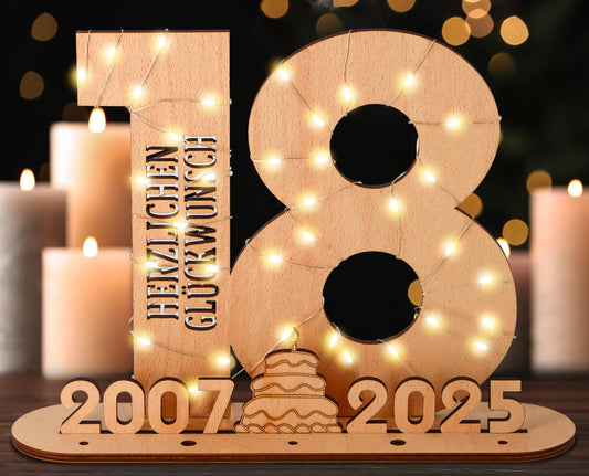 Giftota - Originelle 18 Geburtstag Geschenk Mädchen & Jungen - Geldgeschenke Geburtstag 18 mit LED Lichterkette Ständer - 2025 Holz-Schild Gästebuch - 18 Geburtstag Deko - Personalisierbares Geschenk