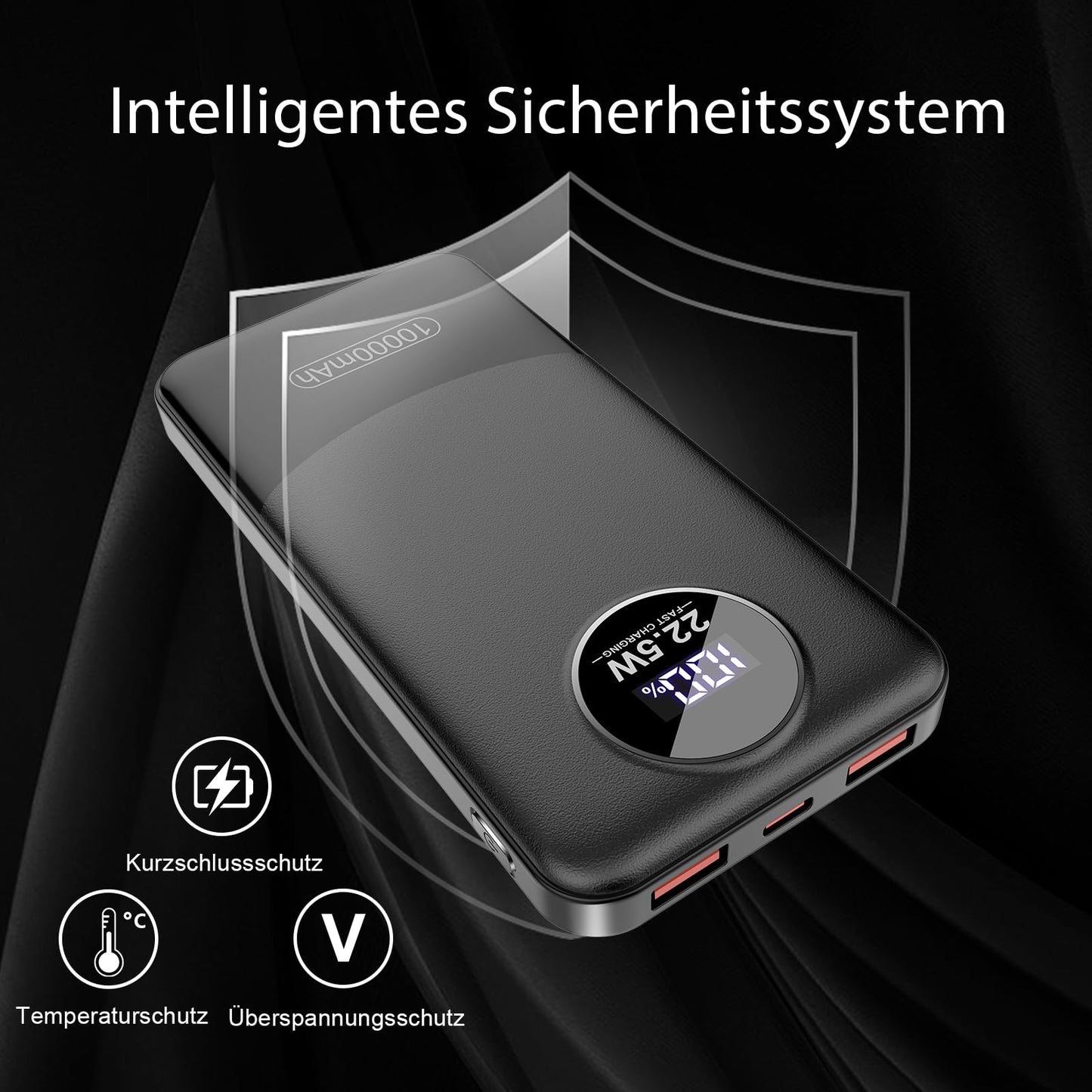Power Bank 10000mAh, 22.5W PD QC 3.0 Schnelles Aufladen Powerbank USB C Ausgang&Eingang, Externer Akku stark mit 3 Anschlüsse und LED Anzeige, Tragbares Ladegerät für Harmony, iOS, Android (Schwarz)