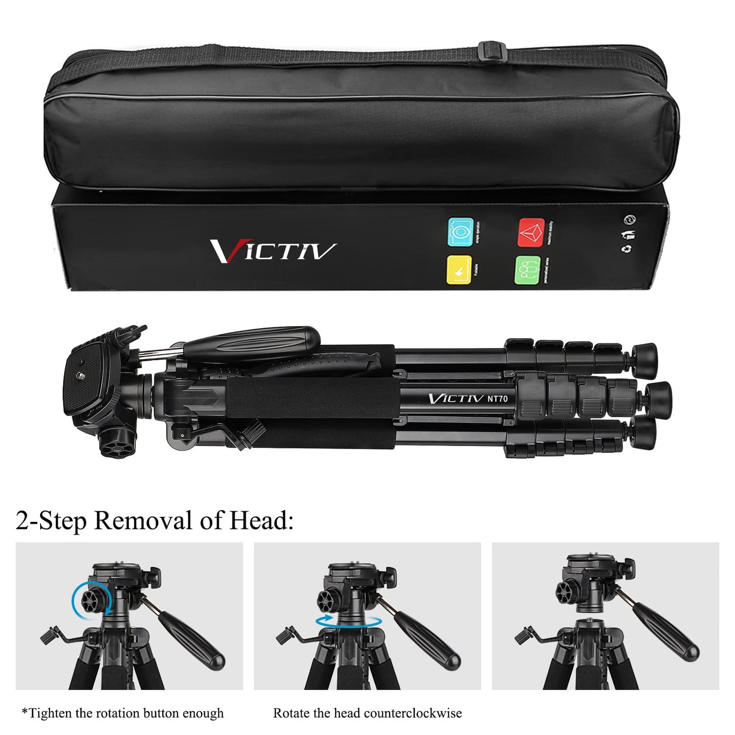 Victiv Kamera Stativ mit 52–160-185cm Höhe, leichtes Camera Tripod mit Abnehmbar 3-Wege-Kopf, Aluminium fotostativ für DSLR Canon Nikon Sony, Dreibeinstativ for Smartphone mit Handy Halterung