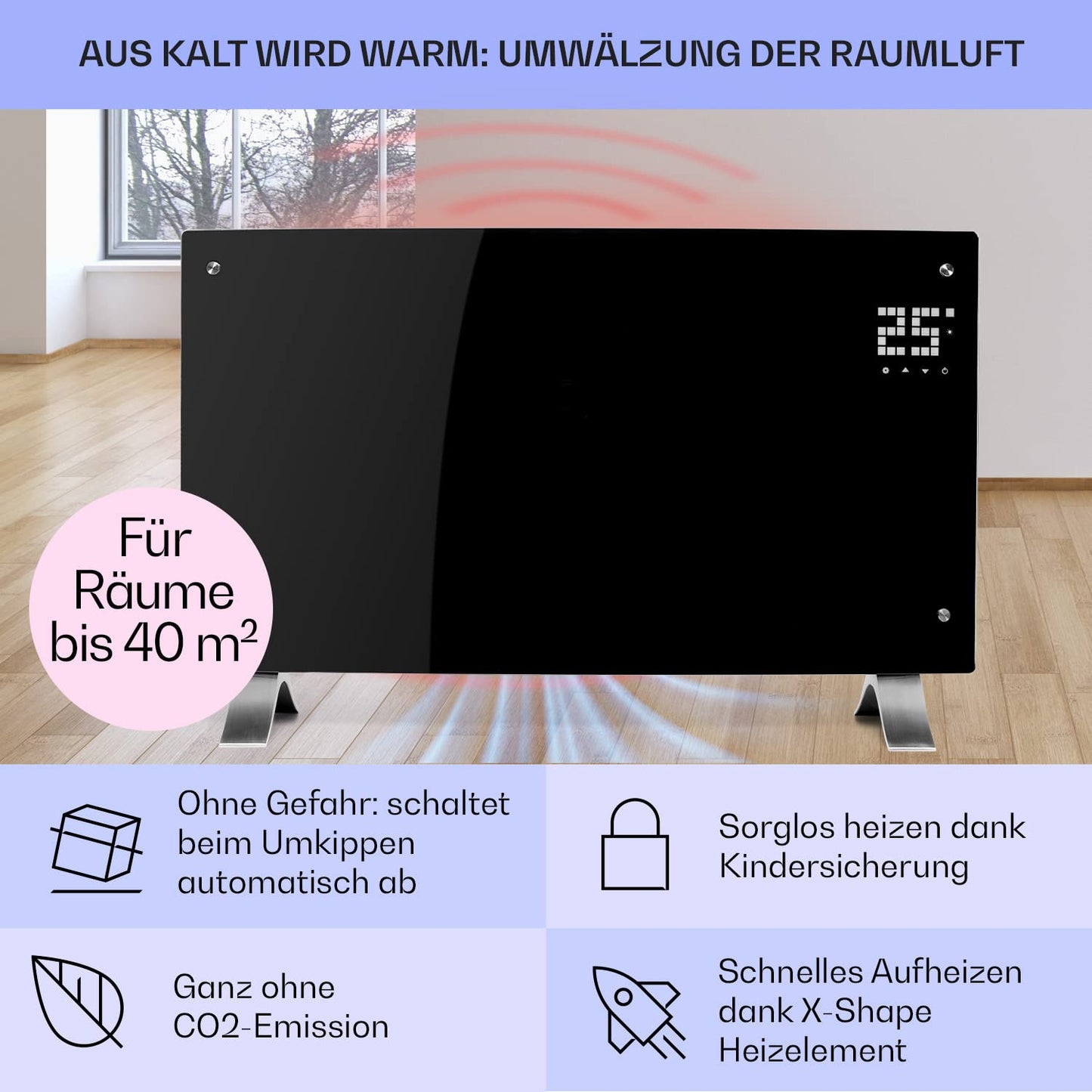 Klarstein Elektroheizung, Konvektor-Heizung Freistehend oder Wandmontage, Mobile Energiesparend, Leise , Standgerät Heizkörper Elektrisch mit Thermostat, 2000 Watt