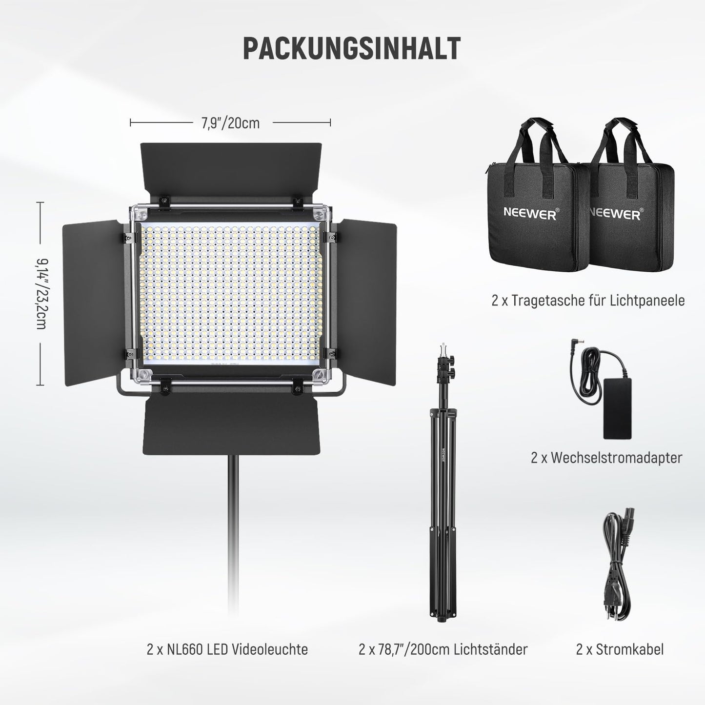 NEEWER 660 LED Videolicht Panel 2 Set mit Stativ: (2) Bi Farbe CRI96+ LED Videoleuchte Fotolicht mit Barndoor, (2) 75" Lichtstativ für Fotografie Licht Video Studio Dauerlicht Filmlicht (Schwarz)