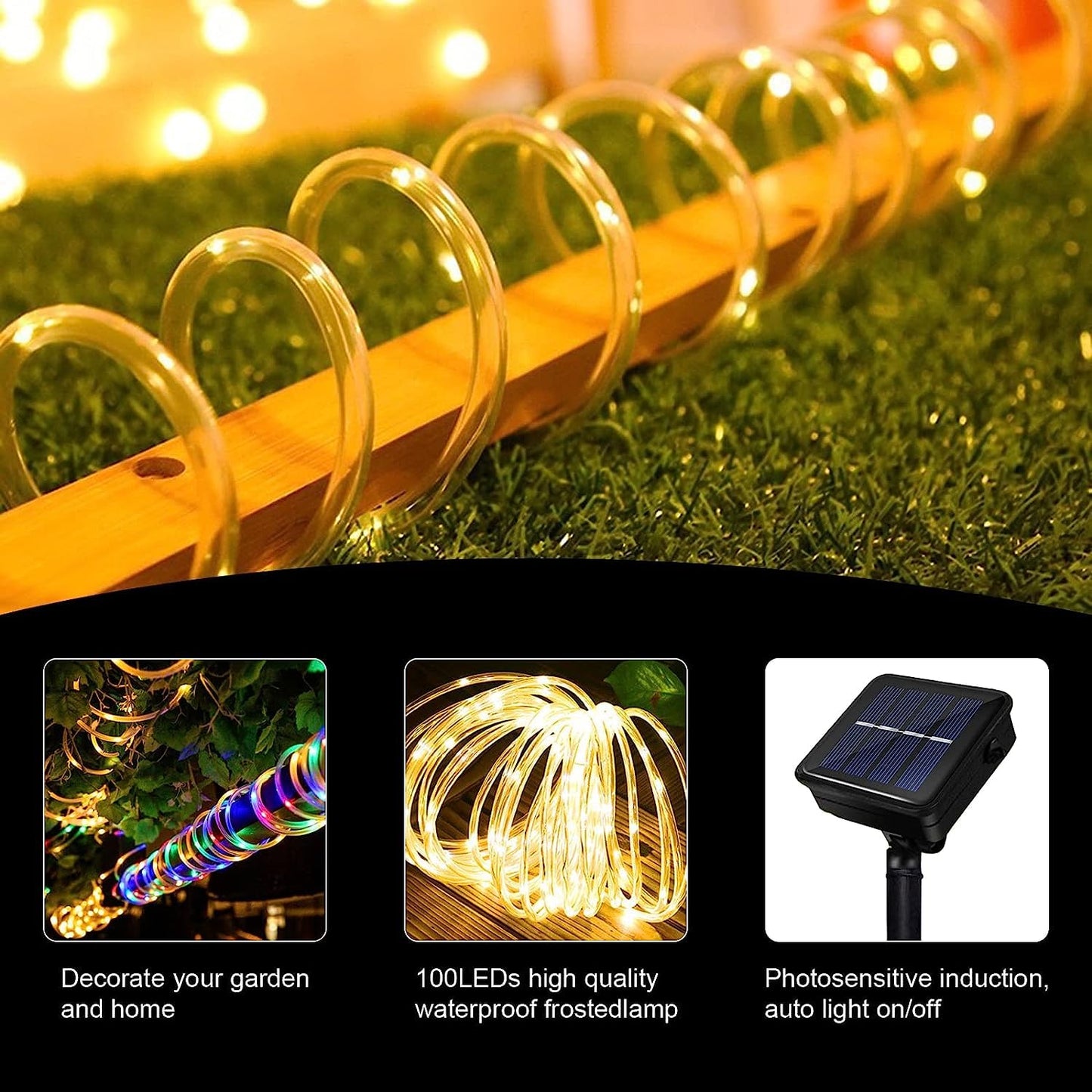 JIMACRO Outdoor Solar LED Lichtschlauch, IP65 Wasserdicht Solar Lichterkette Außen 12m 100LEDs Solar Deko Lichter mit 8 Beleuchtungsmodi für Garten Baum Party Weihnachtsdekoration