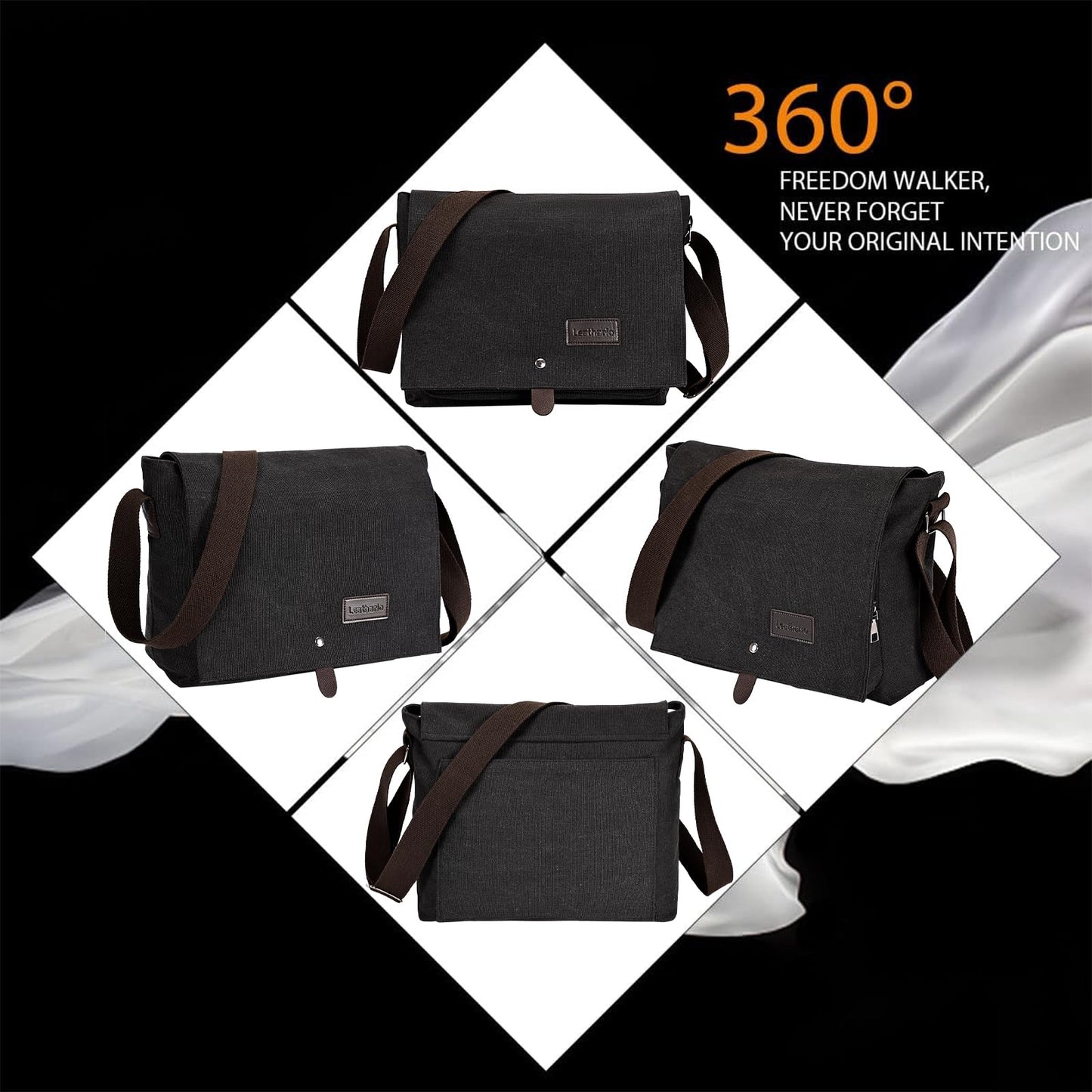 Leathario Umhängetasche Herren，Messenger Bag aus Canvas，Aktentsche Studententasche Laptoptasche 14 Zoll，Schultertasche Kuriertasche Herrentasche Collegetasche Uni Studenten Schwarz