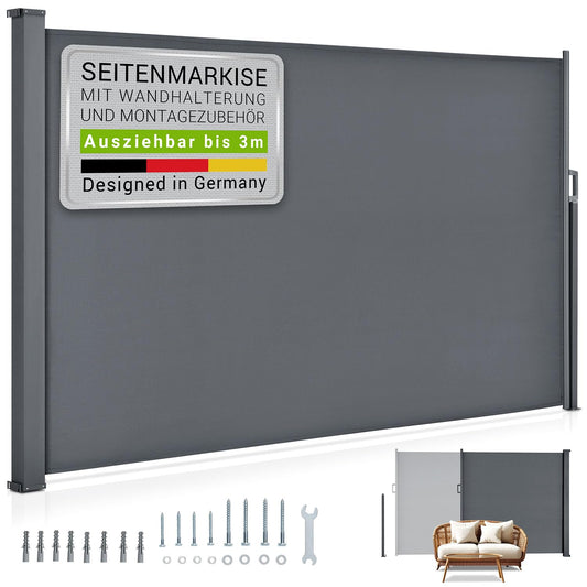 Juskys Seitenmarkise Dubai 200 x 300 cm ausziehbar Blickdicht, Sichtschutz für Balkon & Terrasse, Seitenrollo mit Wandhalterung - grau