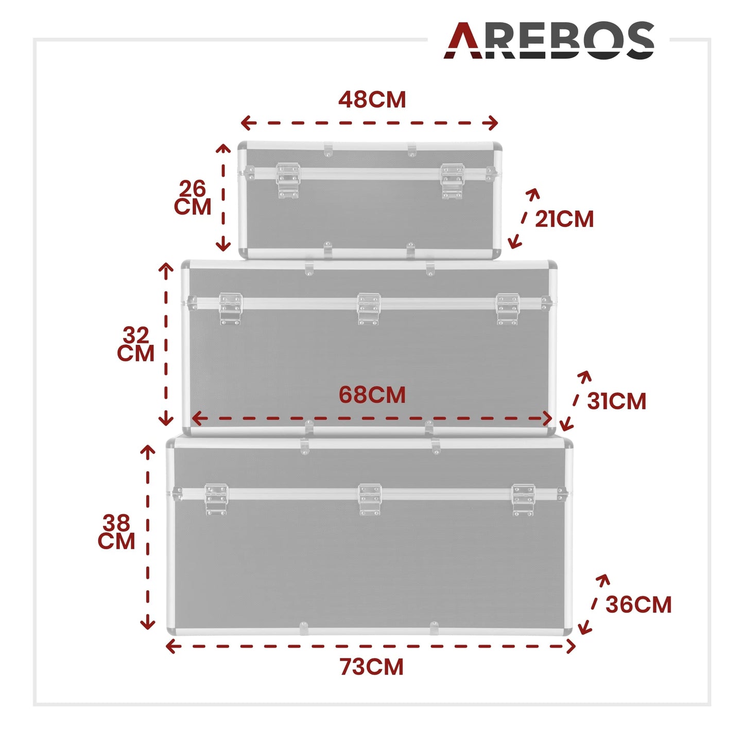 Arebos 3er Set Transportkoffer | Aluminium | 200 L Gesamtvolumen | abschließbar | inkl. Tragegriffe | Wasserdicht | Transportboxen | tragbarer Transportkoffer