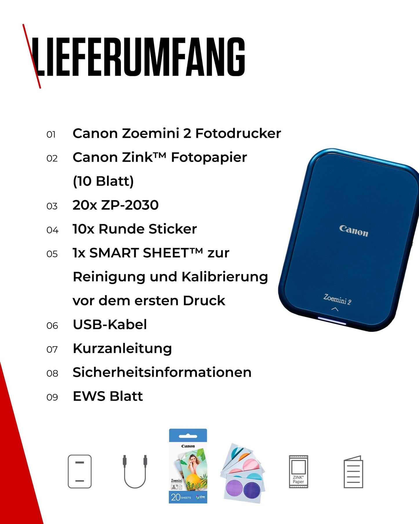 Canon Zoemini 2 Mini Fotodrucker mobil tragbar unterwegs Hosentasche Printing KIT (Fotodruck 5x7,6 cm, Smartphone + Tablet, eingebauter Akku) Marineblau [+ 20er Zink Druck-Set + 10er Circle Sticker]