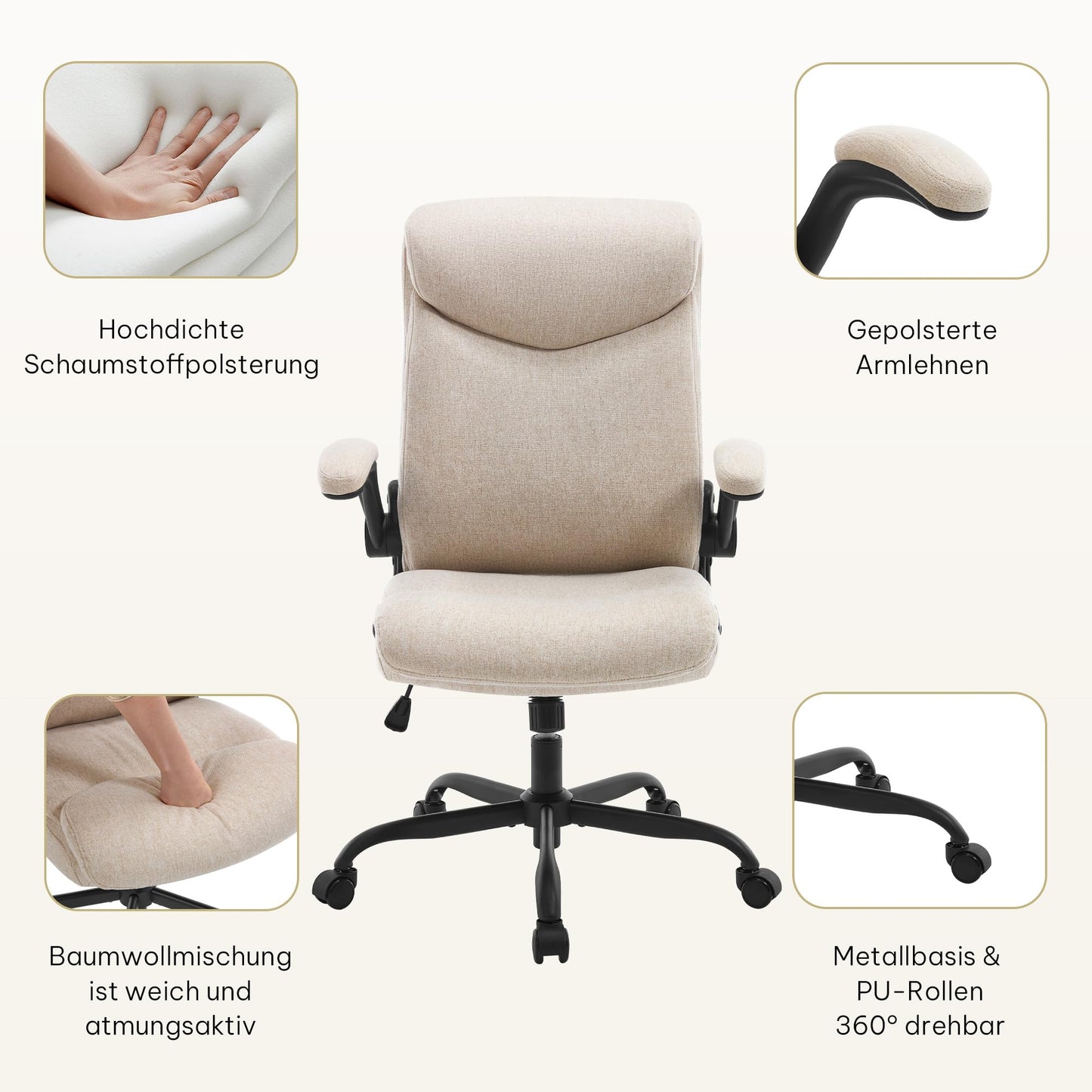 eSituro Bürostuhl ergonomisch, Schreibtischstuhl, Chefsessel 150 kg, Drehstuhl mit Rollen, hochklappbare Armlehnen, Sitzfläche aus Stoff, Beige