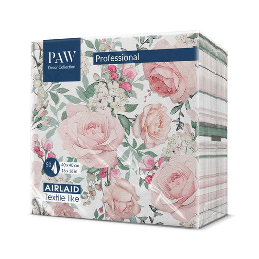 PAW - Servietten aus Airlaid - Stoffähnlich (40 x 40 cm) I 50 Stück I Ideal für Hochzeit, Taufe, Kommunion, Geburtstag I Stoffservietten - Blumen, Rosen I Farbe: Gorgeous Roses