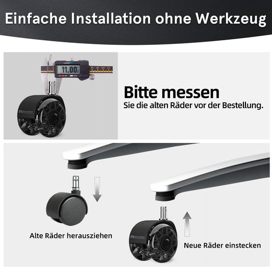 Mastery Mart Bürostuhlrollen 5er Set, 60 mm Hartbodenrollen mit Polyurethan, Schwarz, für Parkett und Laminat